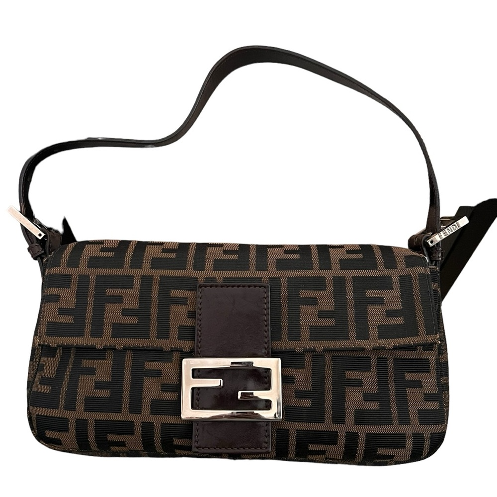 Fendi Monogram Brown Logo Small Top Handle Shoulder Pochette Flap Bag
